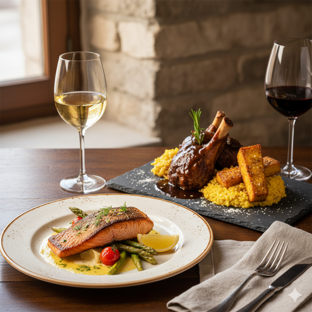 Una foto di piatti principali d'autore